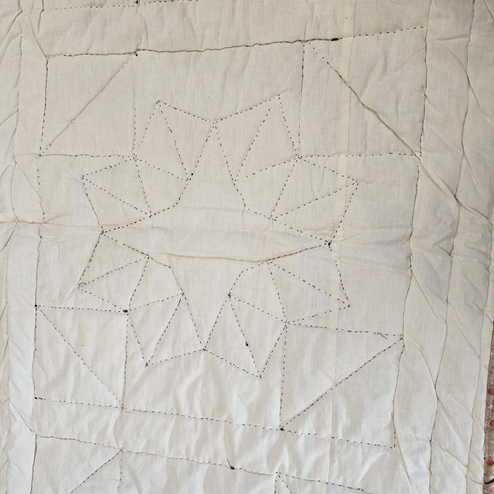 Vintage 90s Hand Stitched Star Quilt Tapestry Wall‎ Hanging Blue Roses Red 44x52